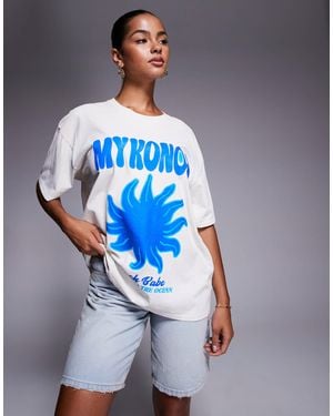 Kaiia Exclusive Cotton Mykonos Sun Graphic Oversized T-shirt - Blue