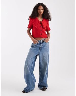 River Island Oversized Collar Detailing Bouclé Top - Blue