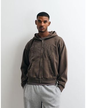 Weekday Oversized Zip Hoodie With Virtual Mission Graphic Embroidery - Brown