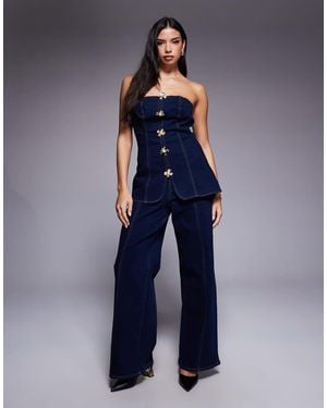 River Island Flower Button Detail Denim Jumpsuit - Blue