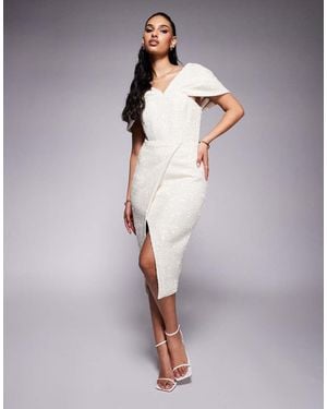 Lavish Alice Draped Bardot Sequin Boucle Midi Dress - Purple