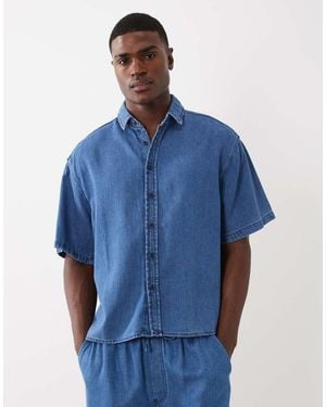 ASOS Short Sleeve Oversized Linen Blend Denim Shirt - Blue