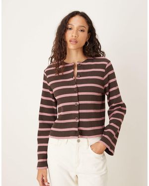 ASOS Cut And Sew Stripe Button Through Long Sleeve Top - Brown