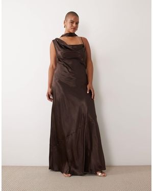 Tfnc Plus Satin One Shoulder Cowl Detail Maxi Dress - Brown