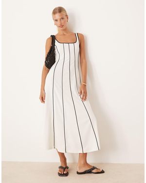 Mango Sqaure Neck Midi Dress With Contrast Seam Detail - Natural