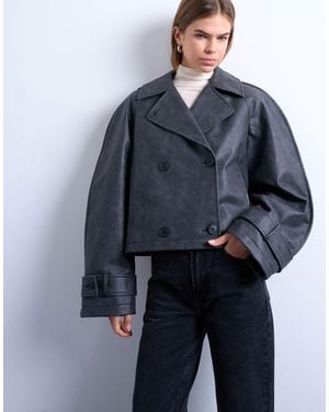 TOPSHOP Faux Leather Ovoid Sleeve Short Trench - Blue