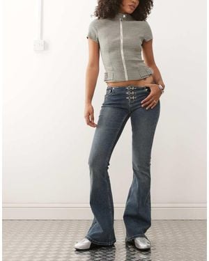 The Ragged Priest Low Rise Buckle Detail Flare Jean - Blue