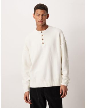 ASOS Relaxed Knitted Fluffy Henley Neck Sweater - White