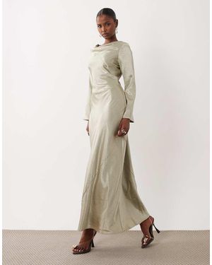 TFNC London Satin Flared Long Sleeve Maxi Dress - Natural