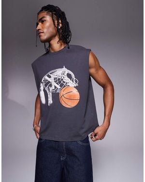 ASOS Canotta Oversize Squadrata Antracite Con Grafiche Sportive Sul Davanti E Sul Retro - Blu