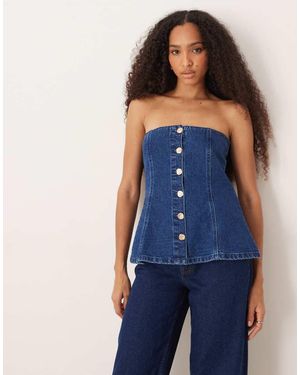 ASOS Denim Button Through Bandeau Top With Gold Buttons - Blue