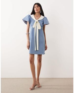 Sister Jane Kasos Denim Bow Detail Short Sleeve Mini Dress - Blue