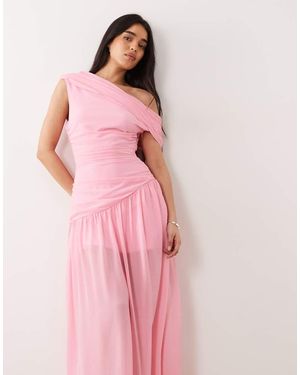 Fashionkilla Exclusive Chiffon Off Shoulder Asymmetric Hem Gathered Sheer Hem Maxi Dress - Pink
