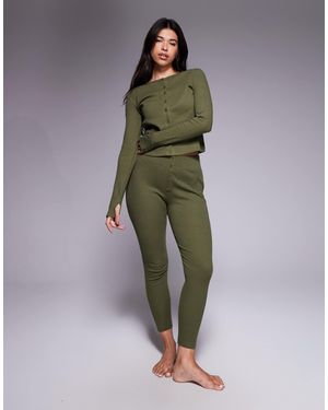 Threadbare Ribbed Button Down Long Sleeve Loungewear Set - Green