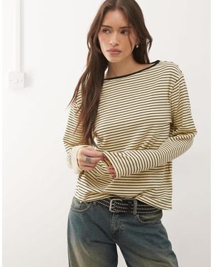 Motel Kumiko Long Sleeve Boat Neck Striped Top - Natural