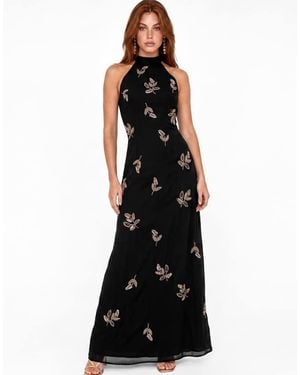 Maya Embellished Halter Neck Open Back Maxi Dress - Black
