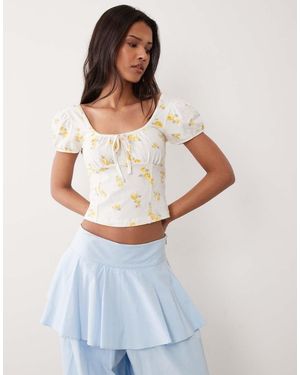Miss Selfridge Puff Sleeve Milkmaid Top - Blue