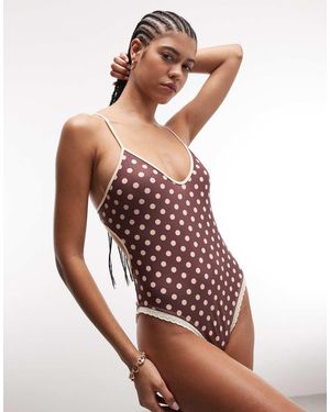 Daisy Street Costume Da Bagno Marrone A Pois Con Incrocio Sul Retro E Bordi - Rosso