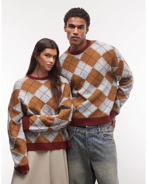 Reclaimed Vintage Fine Gauge Knitted Argyle Crew Jumper - Brown