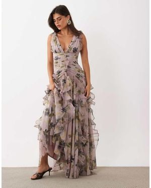 ASOS Vestito Maxi Arricciato Con Dettaglio A Cascata A Fiori - Multicolore