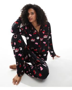 Loungeable Pijama Con Estampado De Buena Suerte De Tejido Muy Suave De Punto Liso De - Negro