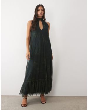 LACE & BEADS Tulle Choker Keyhole Cut Out Trapeze Maxi Dress - White