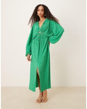 Y.A.S Foil Spot Plisse Blouson Sleeve Maxi Dress - Green