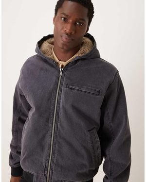 Abercrombie & Fitch Workwear Sherpa Lined Address Back Hooded Denim Bomber - Grey