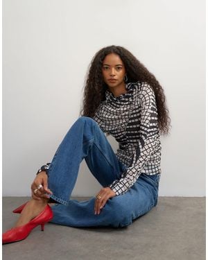 TOPSHOP Top à manches longues froncé à carreaux - Bleu