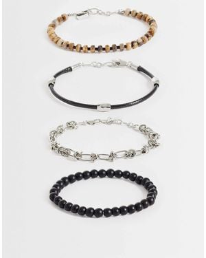 ASOS 4 Pack Black Faux Leather And Beaded Bracelet - Gray
