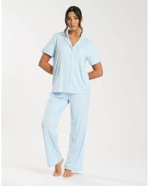 Loungeable Super Soft Jersey Rib Traditional Short Sleeve Long Pant Set - Blue