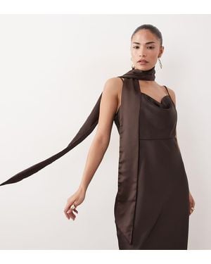 Vero Moda Cowl Neck Satin Cami Midi Dress With Scarf Detail - Brown