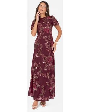 Maya Floral Embellished Short Sleeve Open Back Maxi Dress - Red