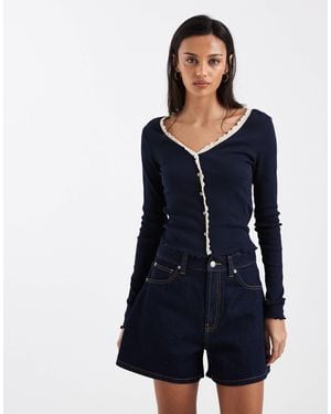 ONLY Rib Knit Cardigan With Lettuce Edge - Blue