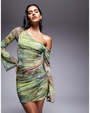 ASOS Off Shoulder Mesh Mini Dress With Ruffle Flute Sleeve - Green