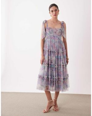 LACE & BEADS Bow Shoulder Shirred Ruffle Midi Dress - Purple