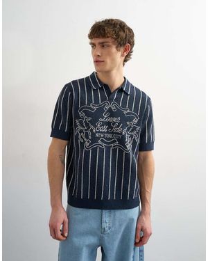 TOPMAN Relaxed Fit Knitted Stripe Polo With East Side Jacquard - Blue