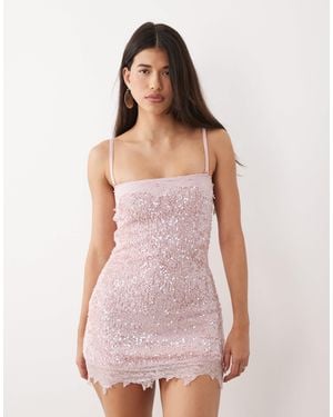South Beach Sequin Mini Dress With Lace Trim - Pink