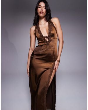 The Frolic Exclusive Satin Lace Trim Plunge Tie Detail Maxi Dress - Brown