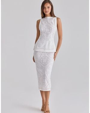 House Of Cb Cecilia Cotton Placement Lace Broderie Anglaise Midi Skirt - White