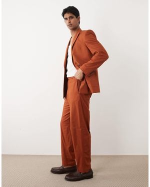 ASOS 100% Cotton Linen Look Oversized Tapered Suit Pants With Elasticated Waist - Brown