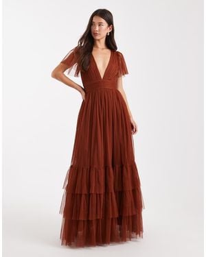 LACE & BEADS Bridesmaid Madison Flutter Sleeve Maxi Dress - Red
