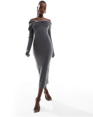 In The Style Knitted Bardot Twist Midi Jumper Dress - Grey