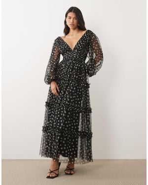 LACE & BEADS Tulle Sheer Balloon Sleeve Plunge Neck Tiered Maxi Dress - Multicolor