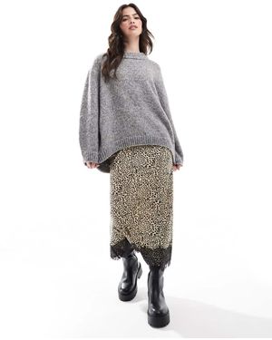 Wednesday's Girl Lace Trim Leopard Print Midi Skirt - Grey