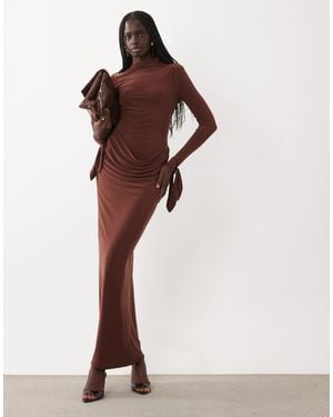 ASOS High Neck Maxi Dress With Tie Cuff Sleeves - Brown