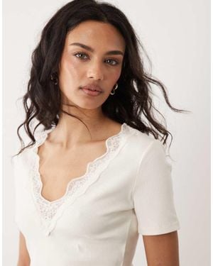 Mango Cotton Rich V Neck T-Shirt With Lace Trim - Natural