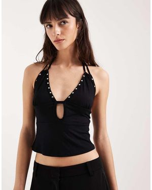 Motel Mioto Keyhole Studded Halter Cami Top - Black