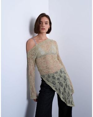 TOPSHOP Lace Off Shoulder Tunic Long Sleeve Top - Grey