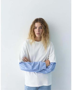 Pull&Bear Contrast Double Sleeve T-shirt - Blue